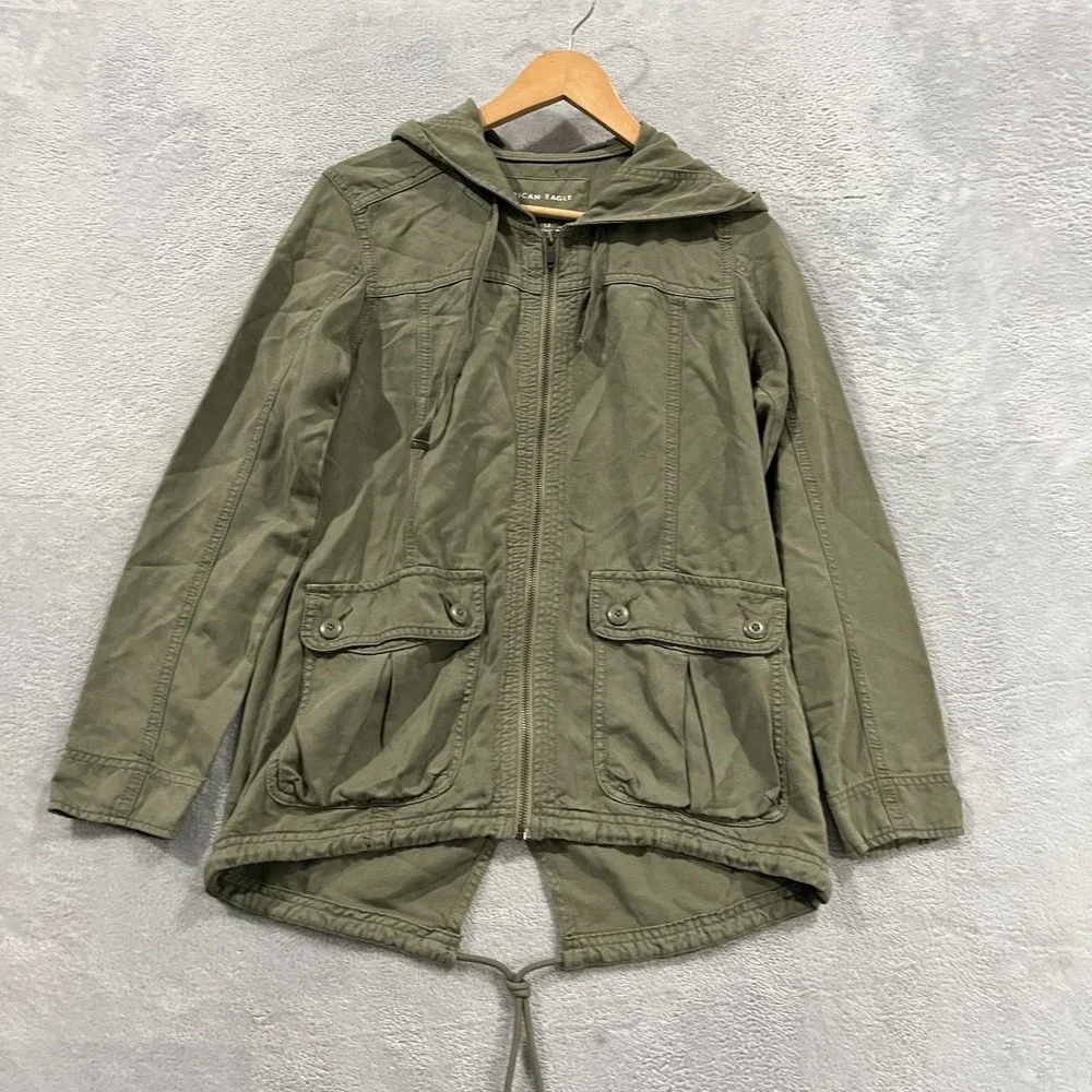 American Eagle Jacket Womens XS Canvas Utility Green Full Zip Hood Lyocell‎ Army